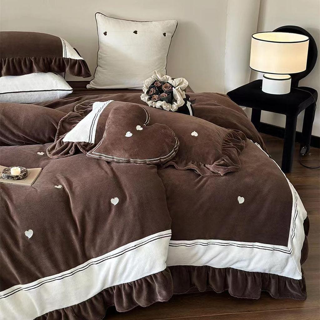 Velvet Heart Embroidery Ruffle Bedding Set - Chocolate Brown