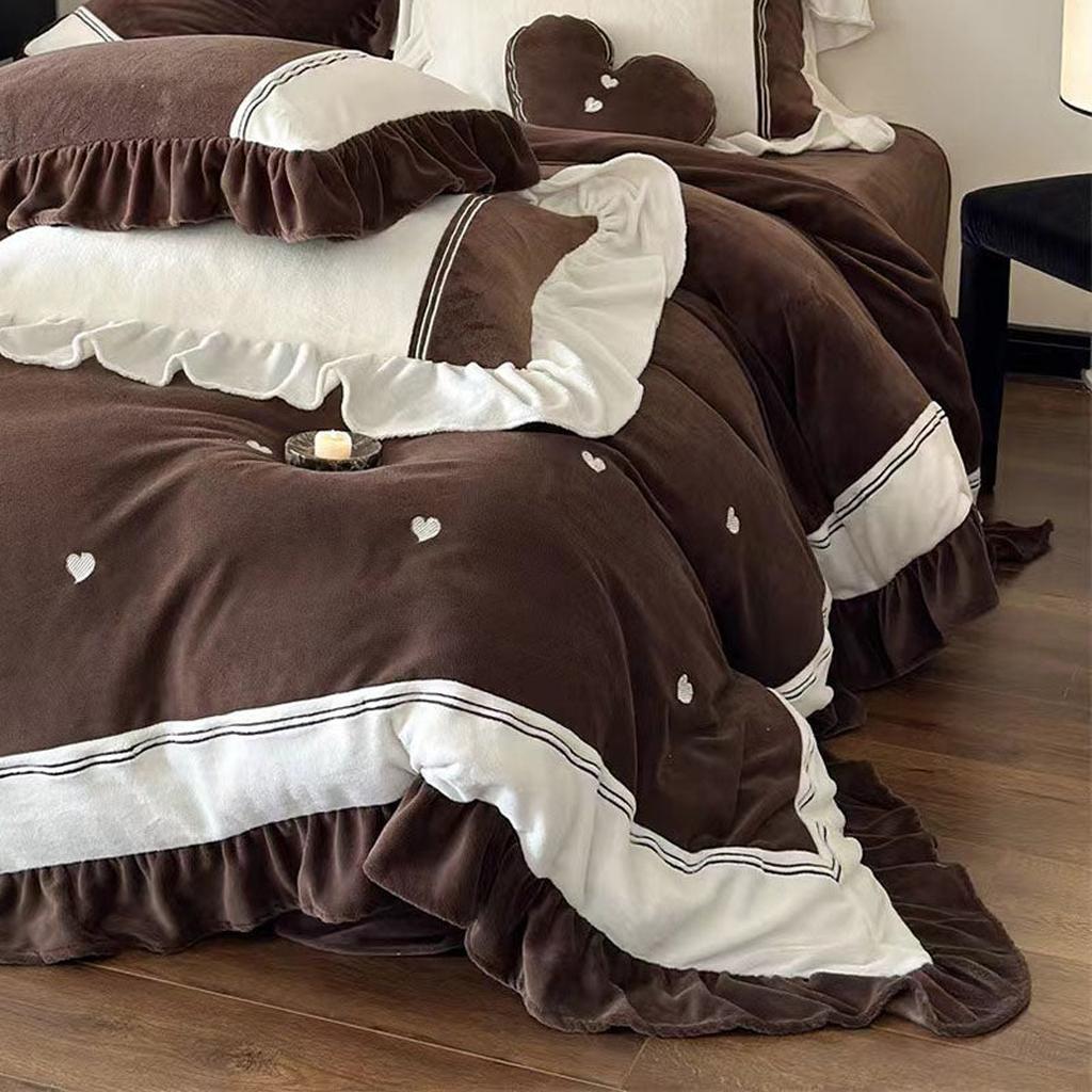 Velvet Heart Embroidery Ruffle Bedding Set - Chocolate Brown
