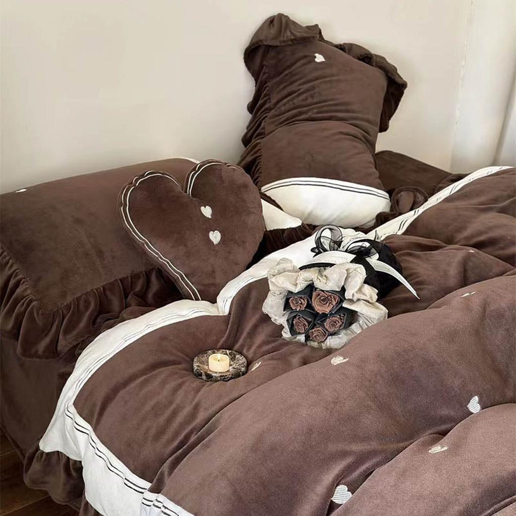 Velvet Heart Embroidery Ruffle Bedding Set - Chocolate Brown