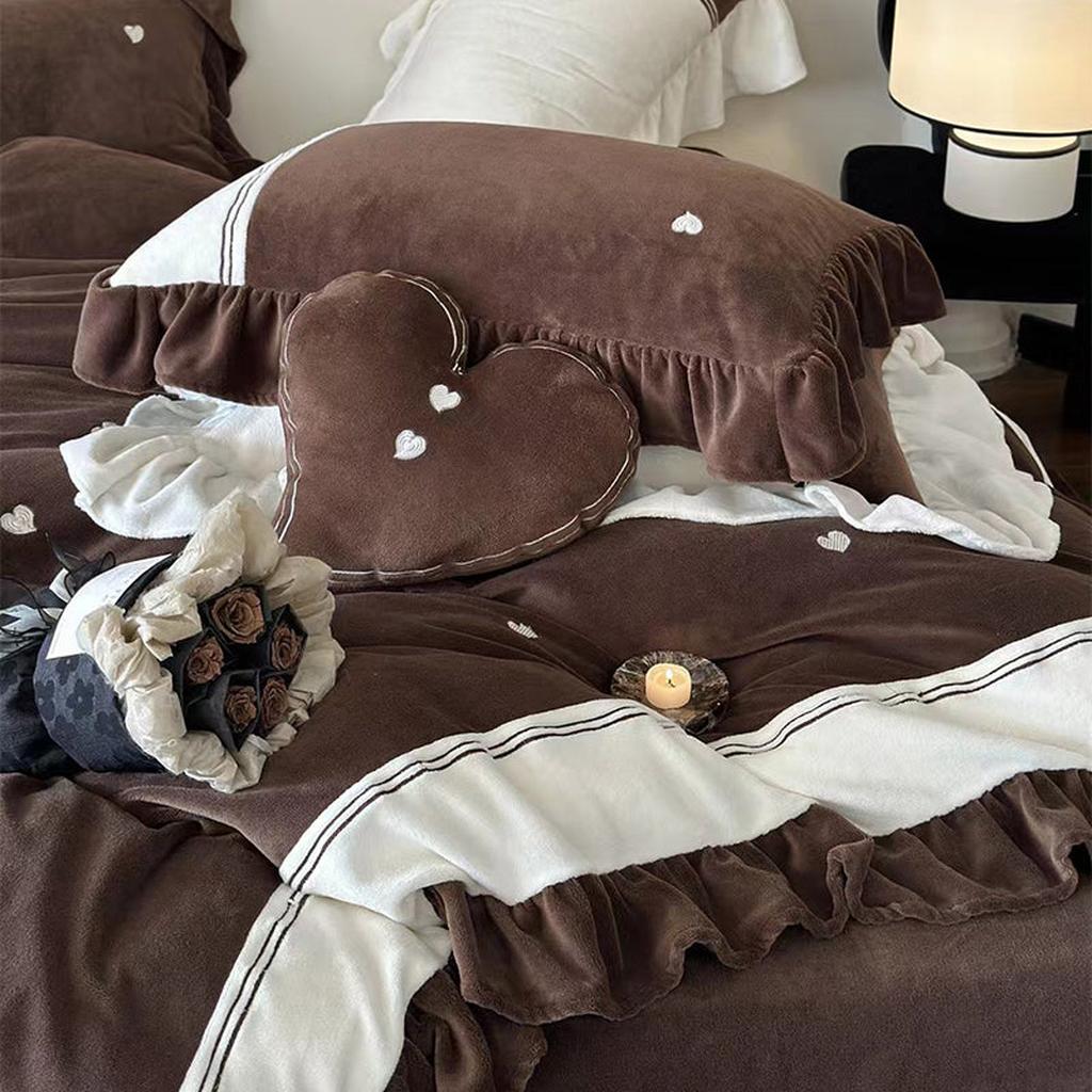 Velvet Heart Embroidery Ruffle Bedding Set - Chocolate Brown
