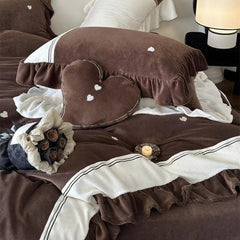 Velvet Heart Embroidery Ruffle Bedding Set - Cream White