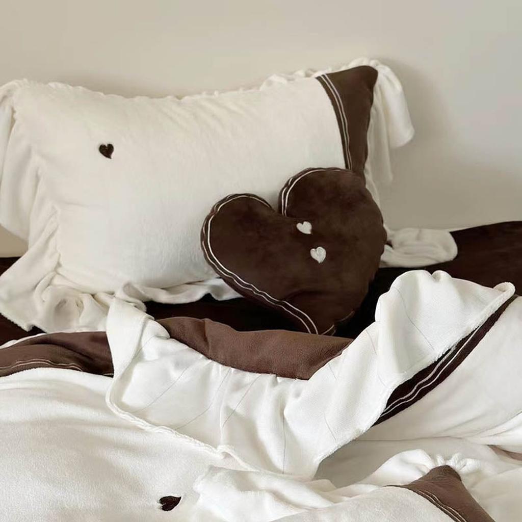 Velvet Heart Embroidery Ruffle Bedding Set - Cream White