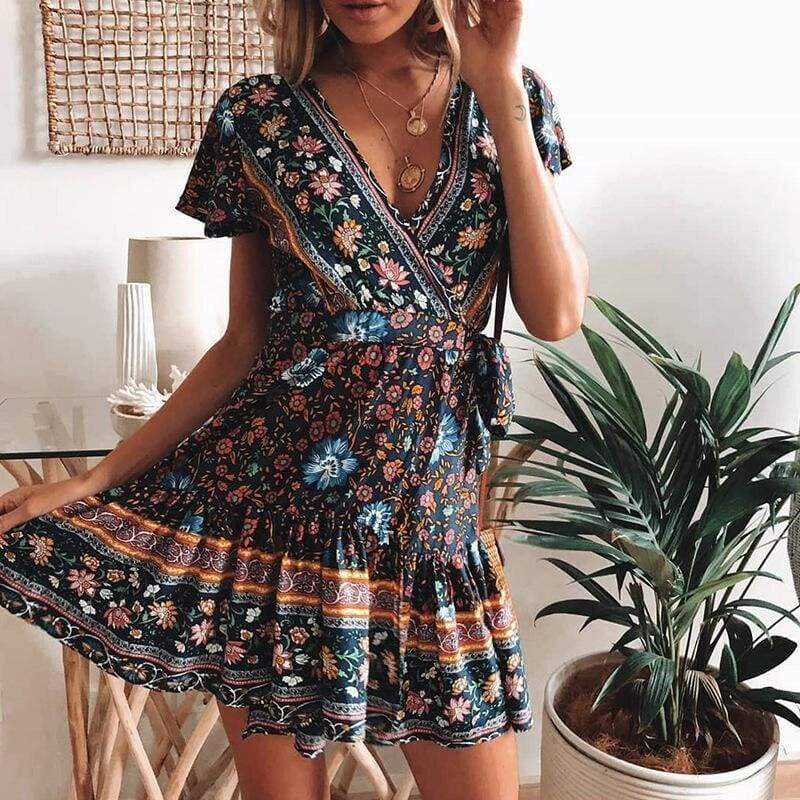 Vintage Short Sleeve Wrap Boho Floral Mini Dress
