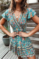 Vintage Short Sleeve Wrap Boho Floral Mini Dress