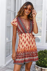 Vintage Short Sleeve Wrap Boho Floral Mini Dress