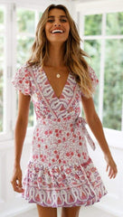 Vintage Short Sleeve Wrap Boho Floral Mini Dress