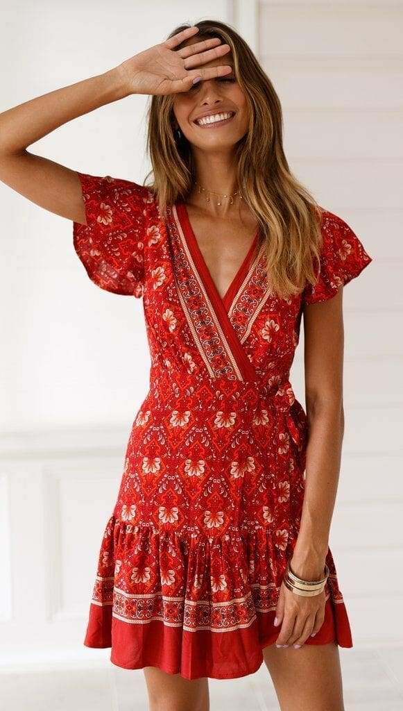 Vintage Short Sleeve Wrap Boho Floral Mini Dress