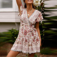 Vintage Short Sleeve Wrap Boho Floral Mini Dress