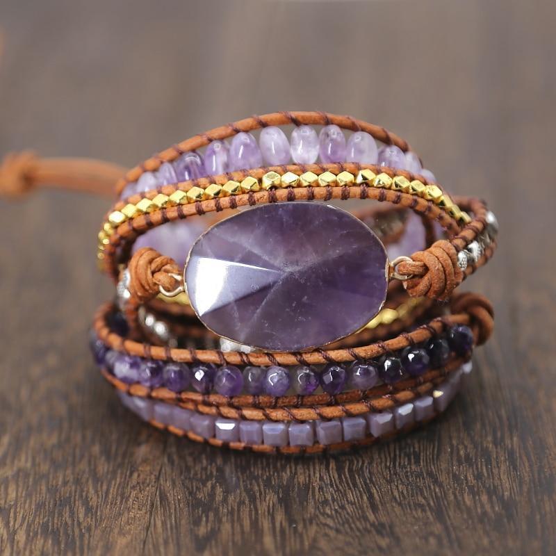 Handmade Faceted Amethyst Leather Wrap Bracelet