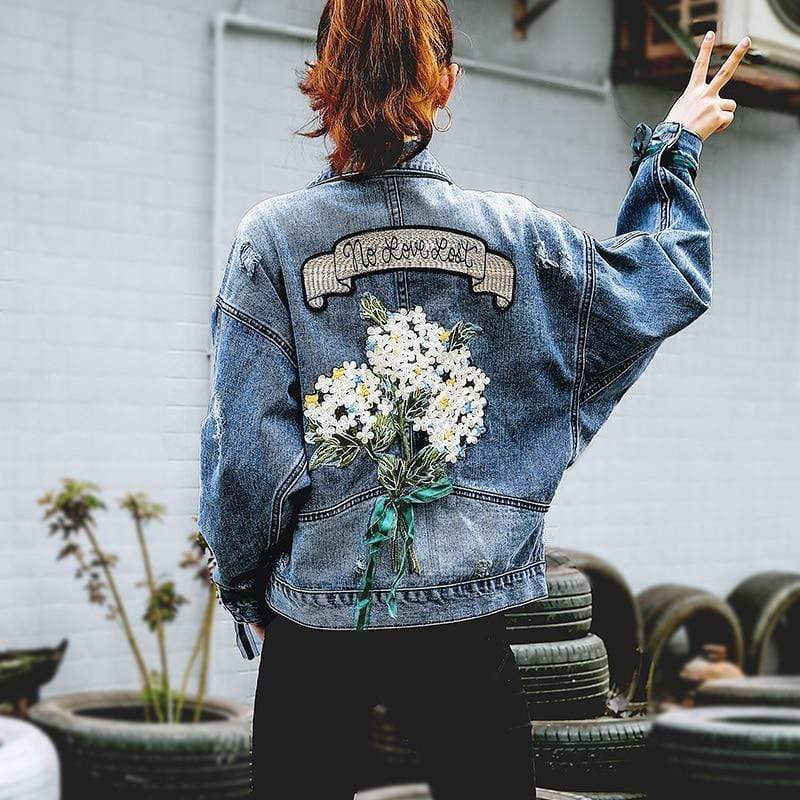 Flower Bouquet Embroidery Detail Denim Jacket