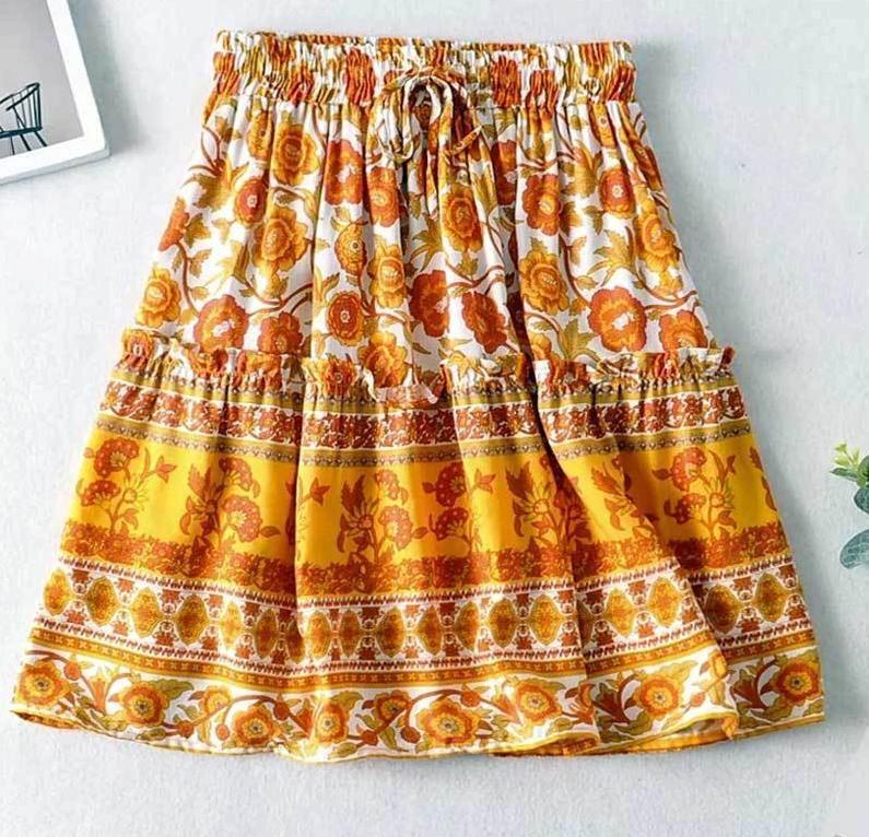 Orange Floral Print Summer Skirt