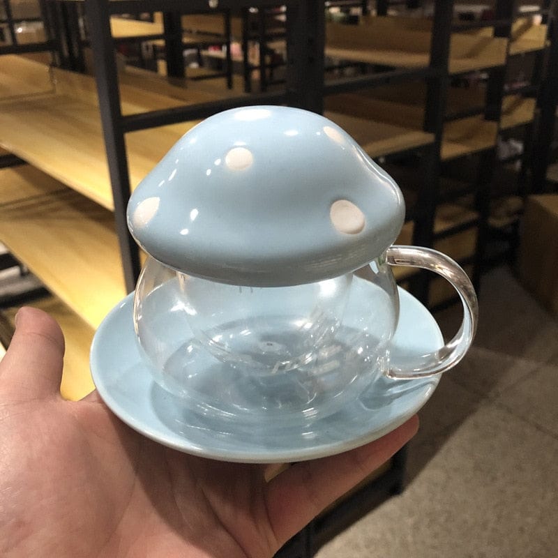 Mushroom Glass Mug with Cover & Saucer Set