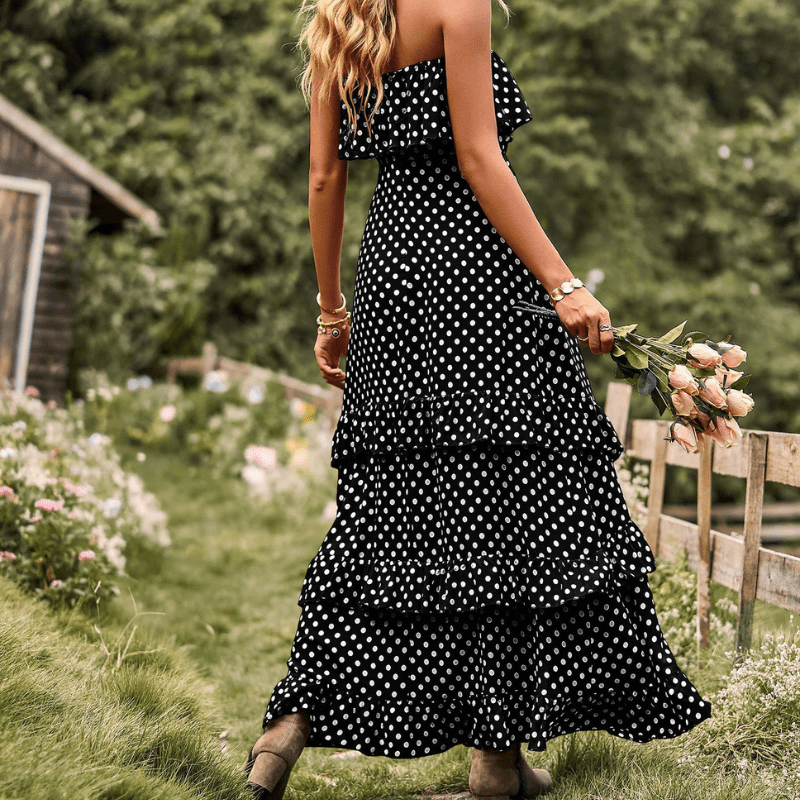 Polka Dot Bardot Ruffle Maxi Dress