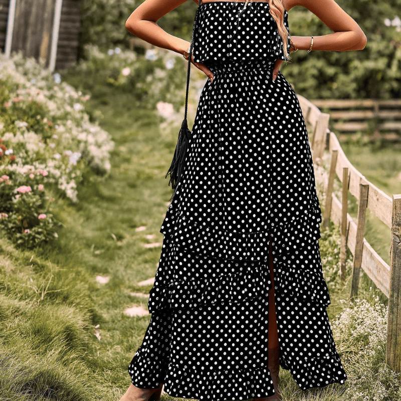 Polka Dot Bardot Ruffle Maxi Dress