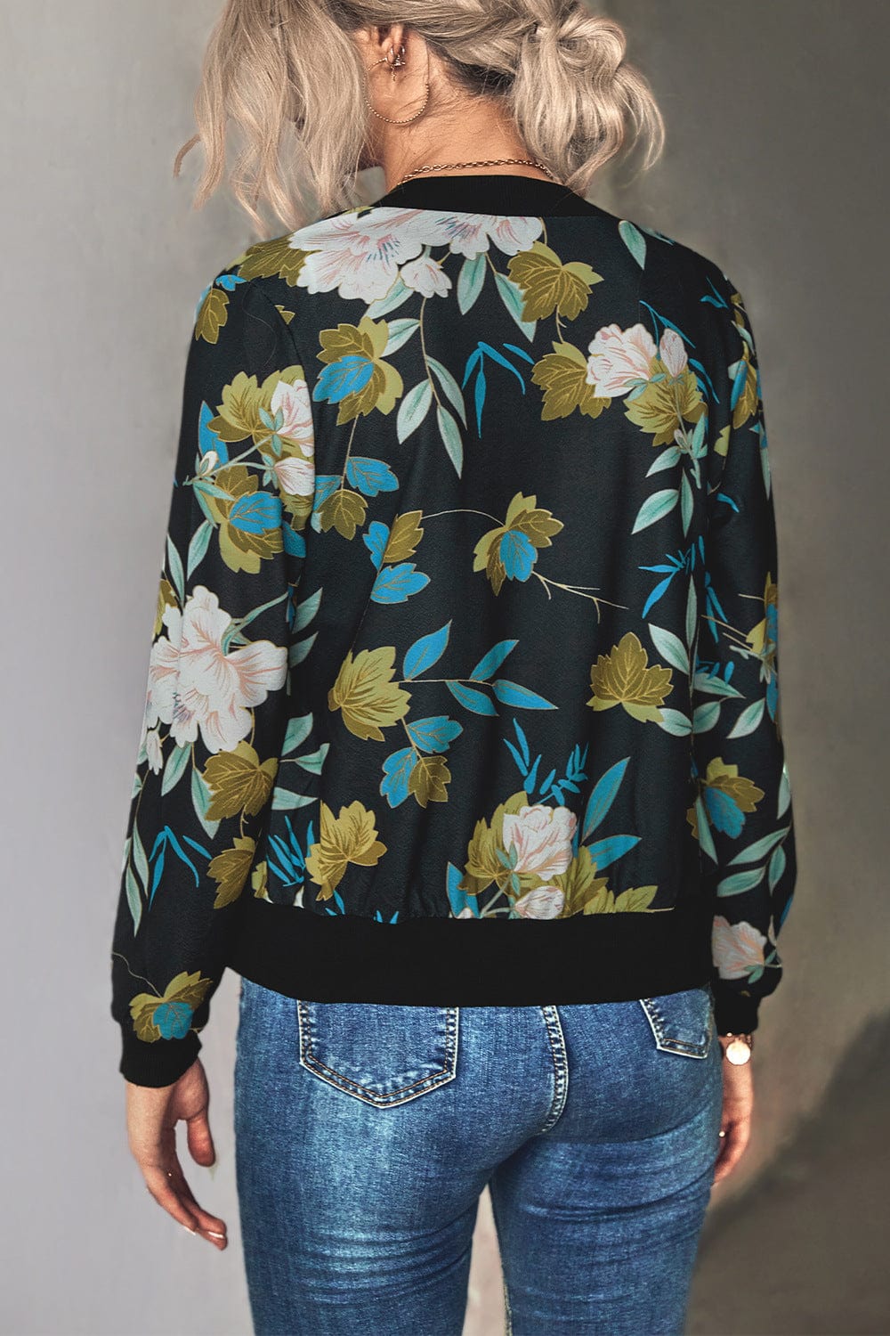 Floral Zip Up Ribbed Trim Bomber Jacket