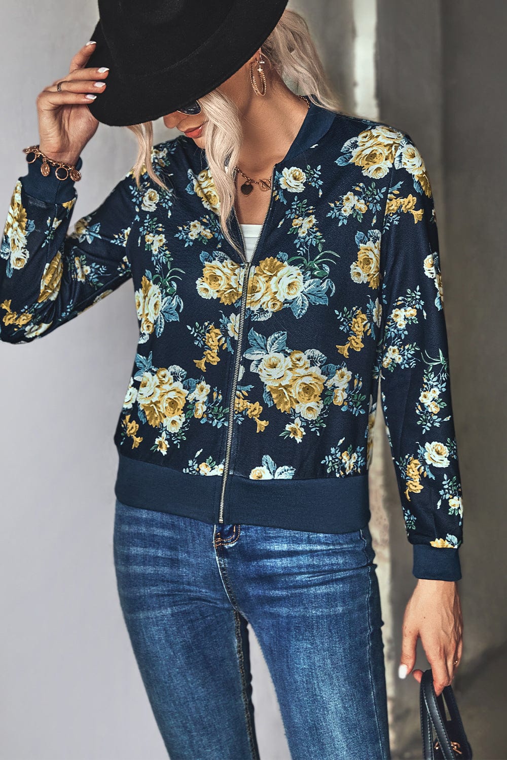 Floral Zip Up Ribbed Trim Bomber Jacket