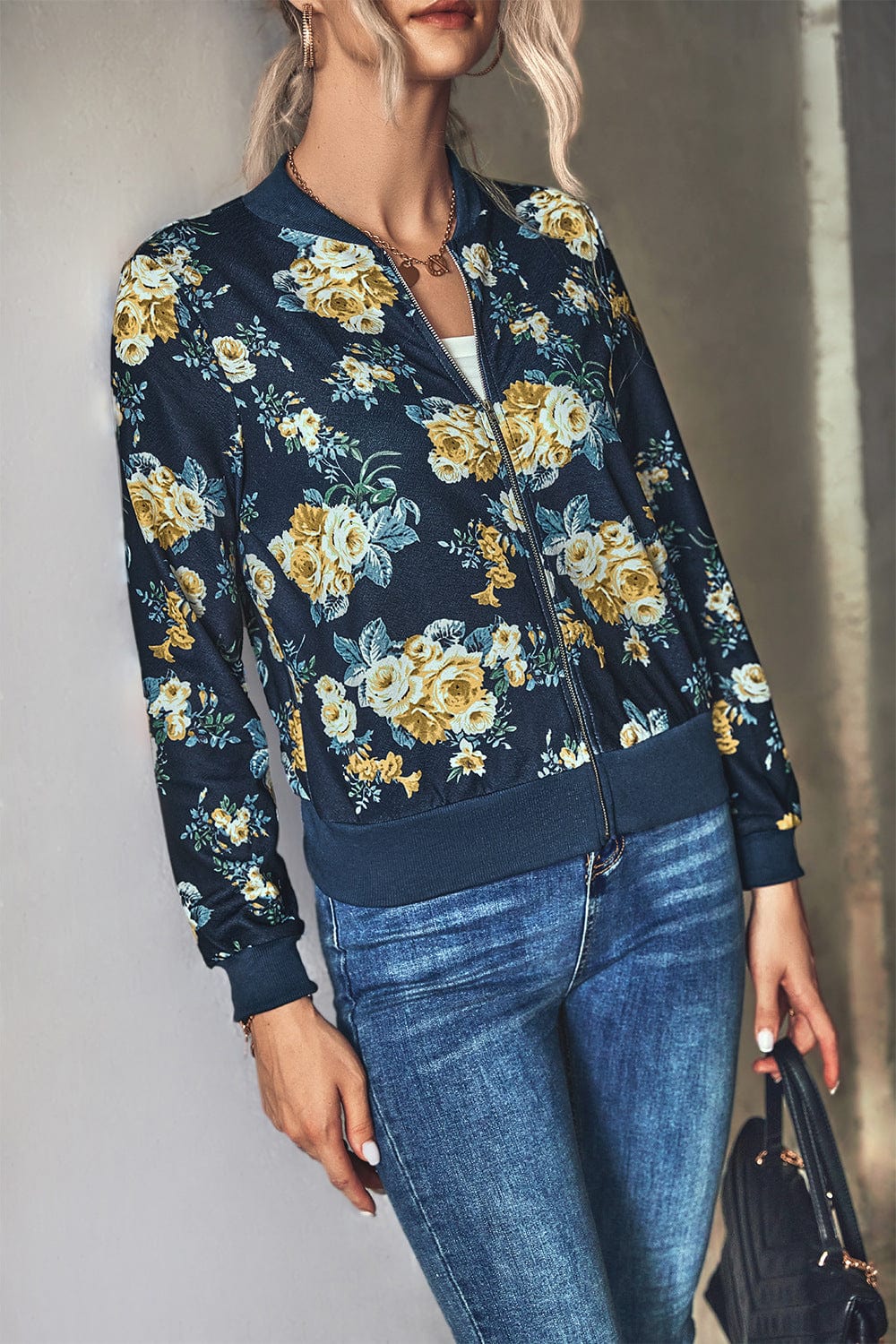 Floral Zip Up Ribbed Trim Bomber Jacket