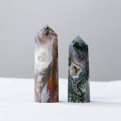 Moss Agate Point Tower Crystal