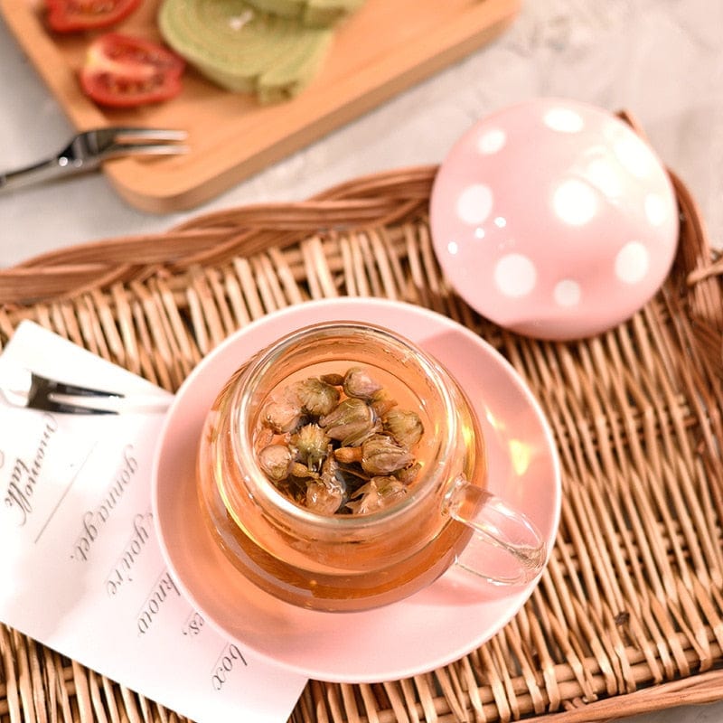 Mushroom Glass Mug with Cover & Saucer Set