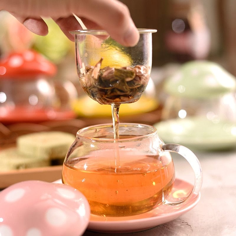 Mushroom Glass Mug with Cover & Saucer Set