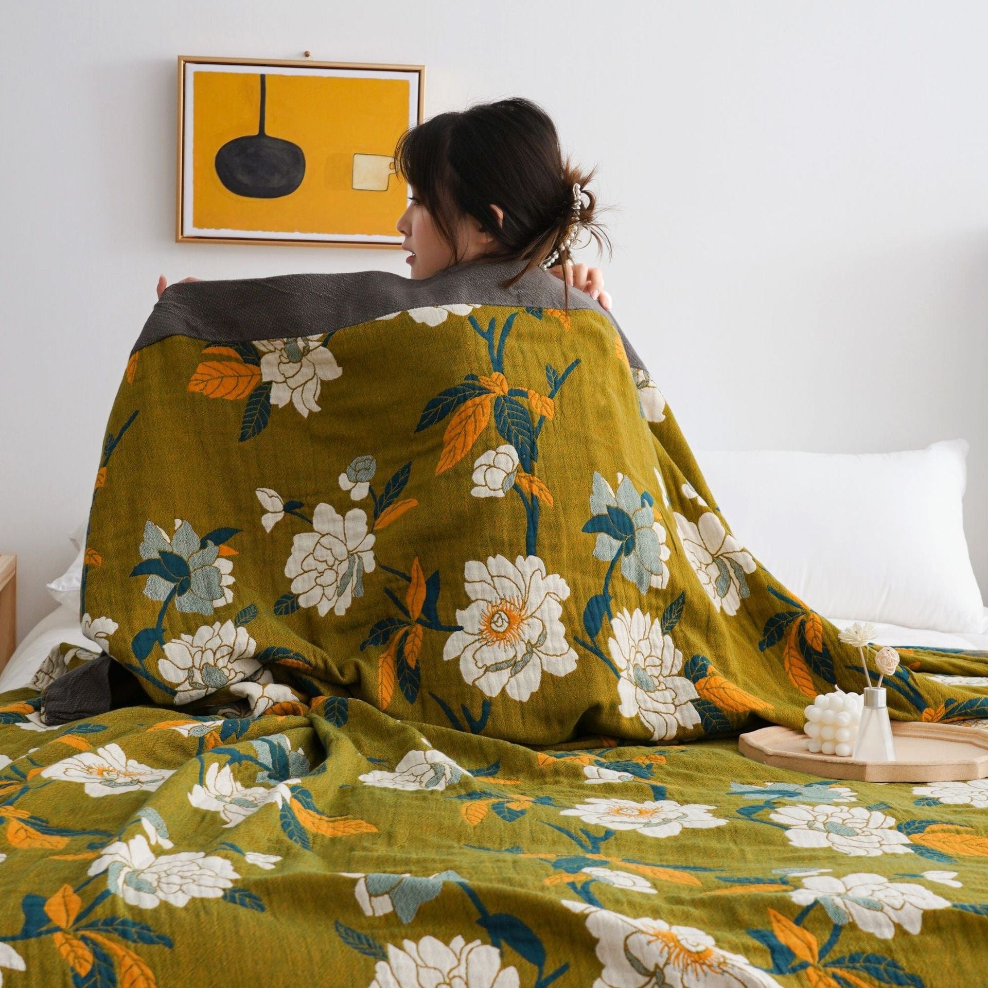 Olive Flower Print Throw Blanket