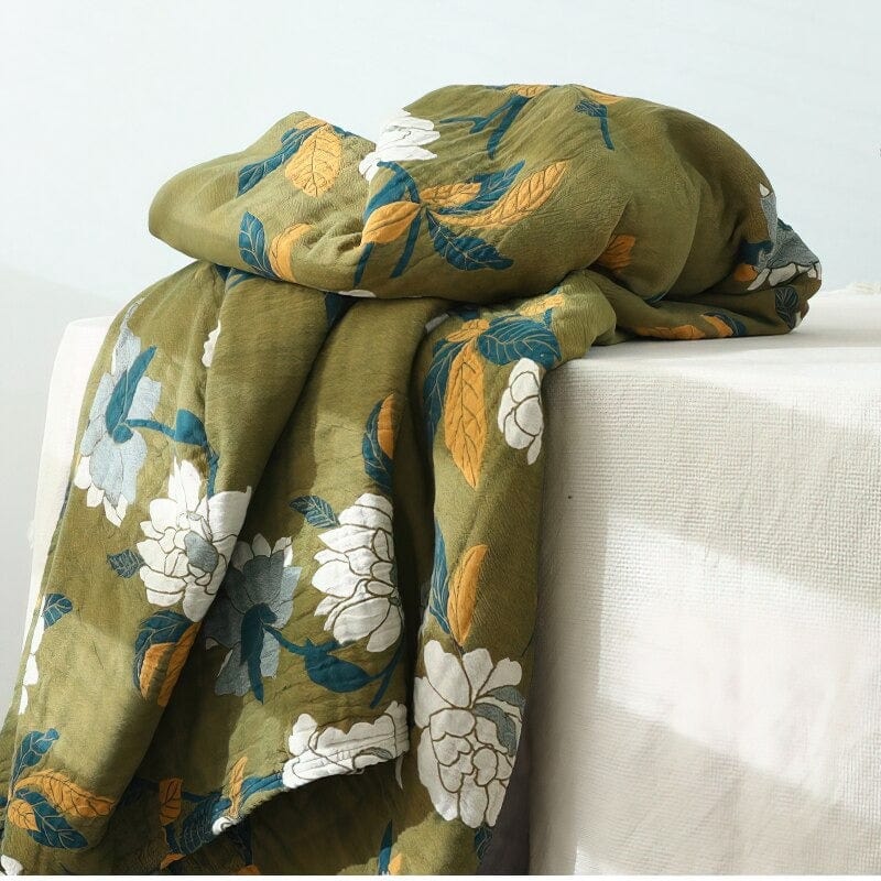 Olive Flower Print Throw Blanket