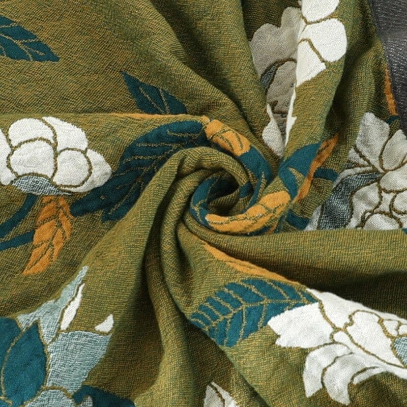 Olive Flower Print Throw Blanket