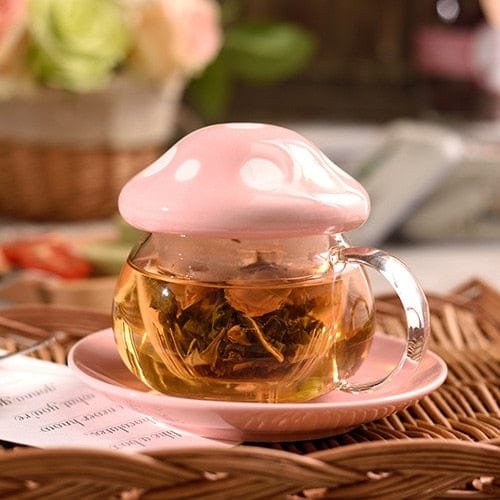 Mushroom Glass Mug with Cover & Saucer Set