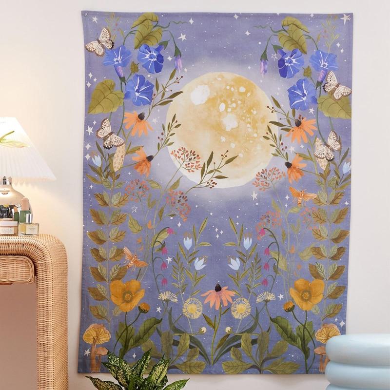 Psychedelic Full Moon Floral Wall Tapestry