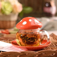 Mushroom Glass Mug with Cover & Saucer Set