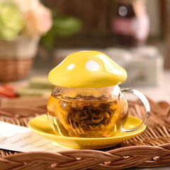 Mushroom Glass Mug with Cover & Saucer Set