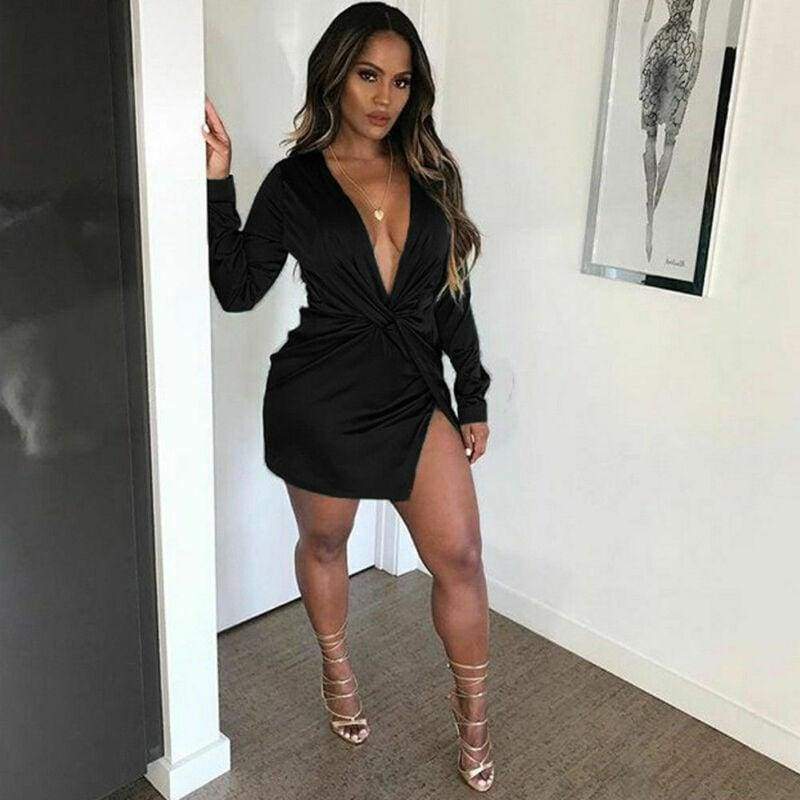 Autumn Long Sleeve Deep V Neck Satin Mini Dress Ladies Short Knot Wrap Split Party Club Dresses