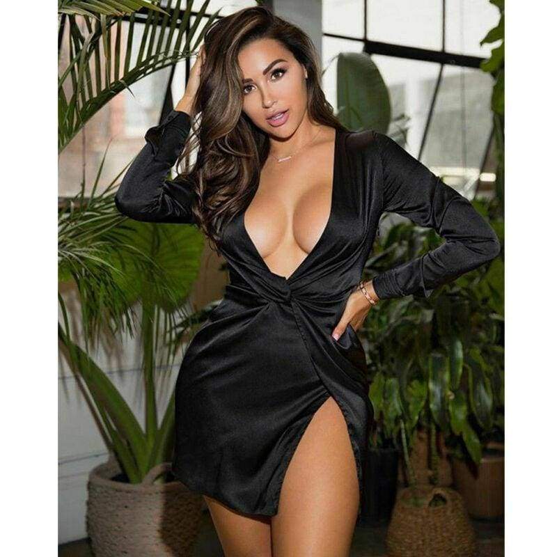 Autumn Long Sleeve Deep V Neck Satin Mini Dress Ladies Short Knot Wrap Split Party Club Dresses