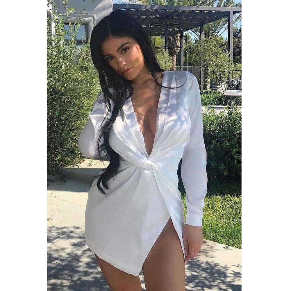 Autumn Long Sleeve Deep V Neck Satin Mini Dress Ladies Short Knot Wrap Split Party Club Dresses