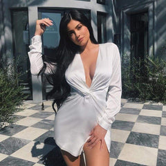 Autumn Long Sleeve Deep V Neck Satin Mini Dress Ladies Short Knot Wrap Split Party Club Dresses