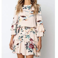 Autumn Spring Elegant Vintage Floral Ruffles Mini Dress Chsinese Printed Casual Dress
