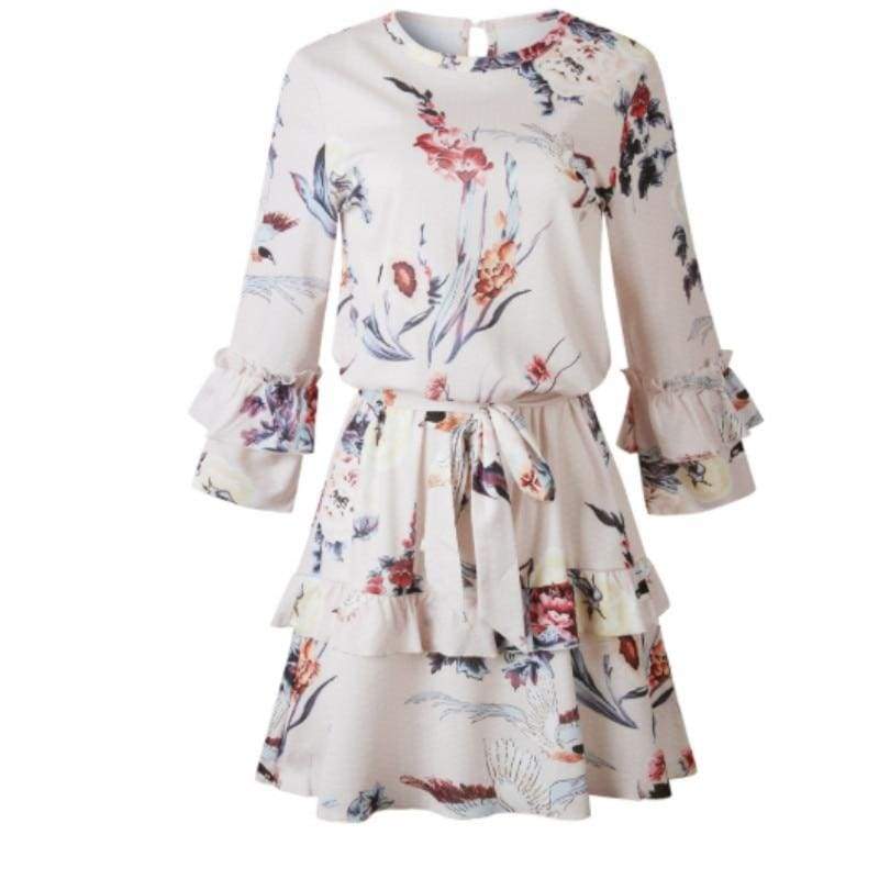 Autumn Spring Elegant Vintage Floral Ruffles Mini Dress Chsinese Printed Casual Dress