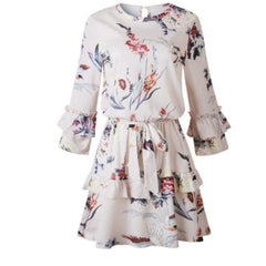 Autumn Spring Elegant Vintage Floral Ruffles Mini Dress Chsinese Printed Casual Dress