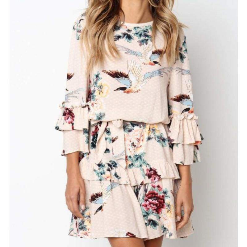 Autumn Spring Elegant Vintage Floral Ruffles Mini Dress Chsinese Printed Casual Dress