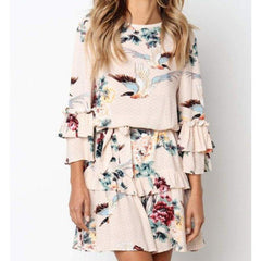 Autumn Spring Elegant Vintage Floral Ruffles Mini Dress Chsinese Printed Casual Dress
