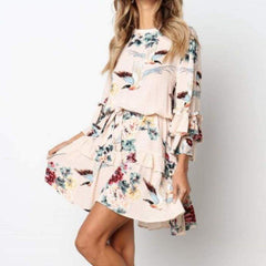 Autumn Spring Elegant Vintage Floral Ruffles Mini Dress Chsinese Printed Casual Dress