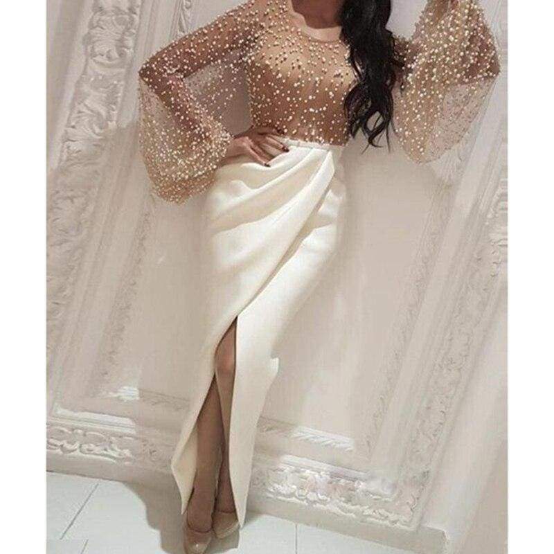 Beaded Patchwork Slit Long Puff Sleeve Formal Gown