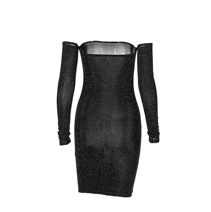Bling Bodycon Mini Dress Elegant Strapless Off Shoulder Long Sleeve Party Club Short Ladies Dresses