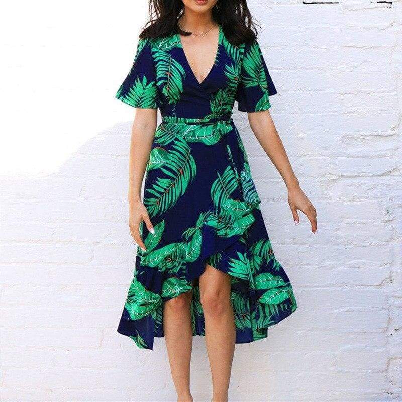 Boho Floral Ruffled Midi Dress Fashion Ladies Summer Beach Holiday Party Spilt Dress Sundress
