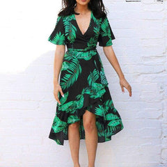 Boho Floral Ruffled Midi Dress Fashion Ladies Summer Beach Holiday Party Spilt Dress Sundress
