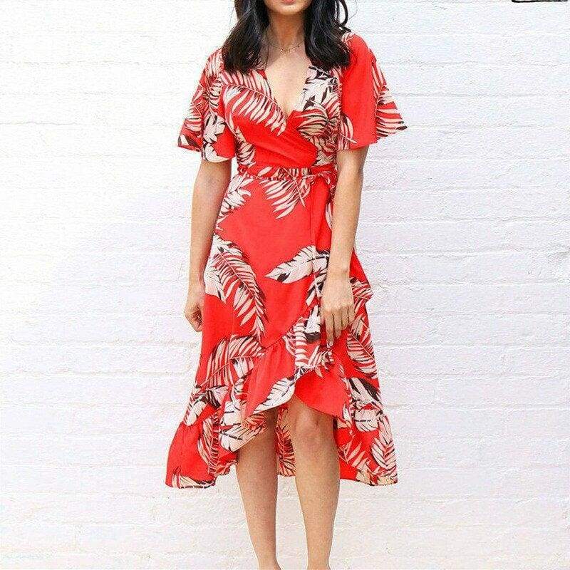 Boho Floral Ruffled Midi Dress Fashion Ladies Summer Beach Holiday Party Spilt Dress Sundress