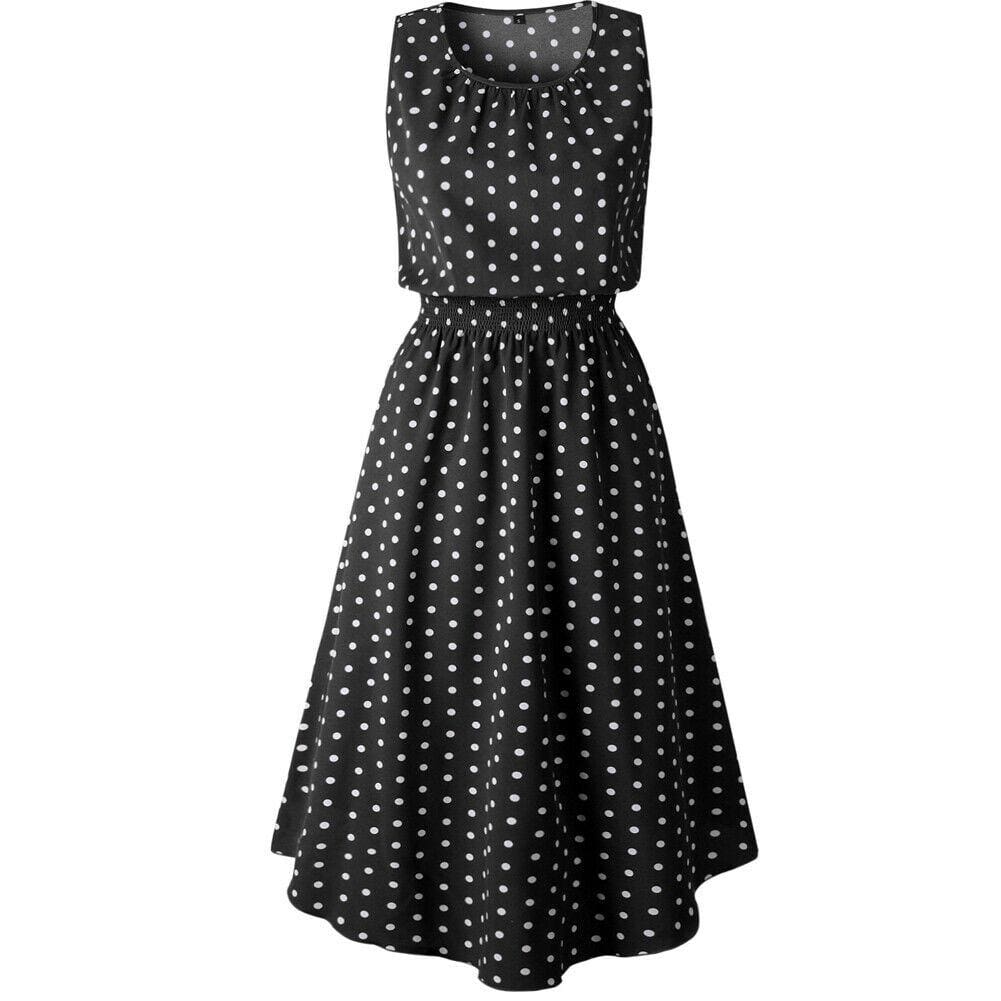 Boho Sleeveless Midi Dress Polka Dot Fashion Summer Party High Waist O-Neck Holiday Beach Dress Sundress