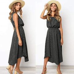 Boho Sleeveless Midi Dress Polka Dot Fashion Summer Party High Waist O-Neck Holiday Beach Dress Sundress