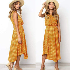 Boho Sleeveless Midi Dress Polka Dot Fashion Summer Party High Waist O-Neck Holiday Beach Dress Sundress