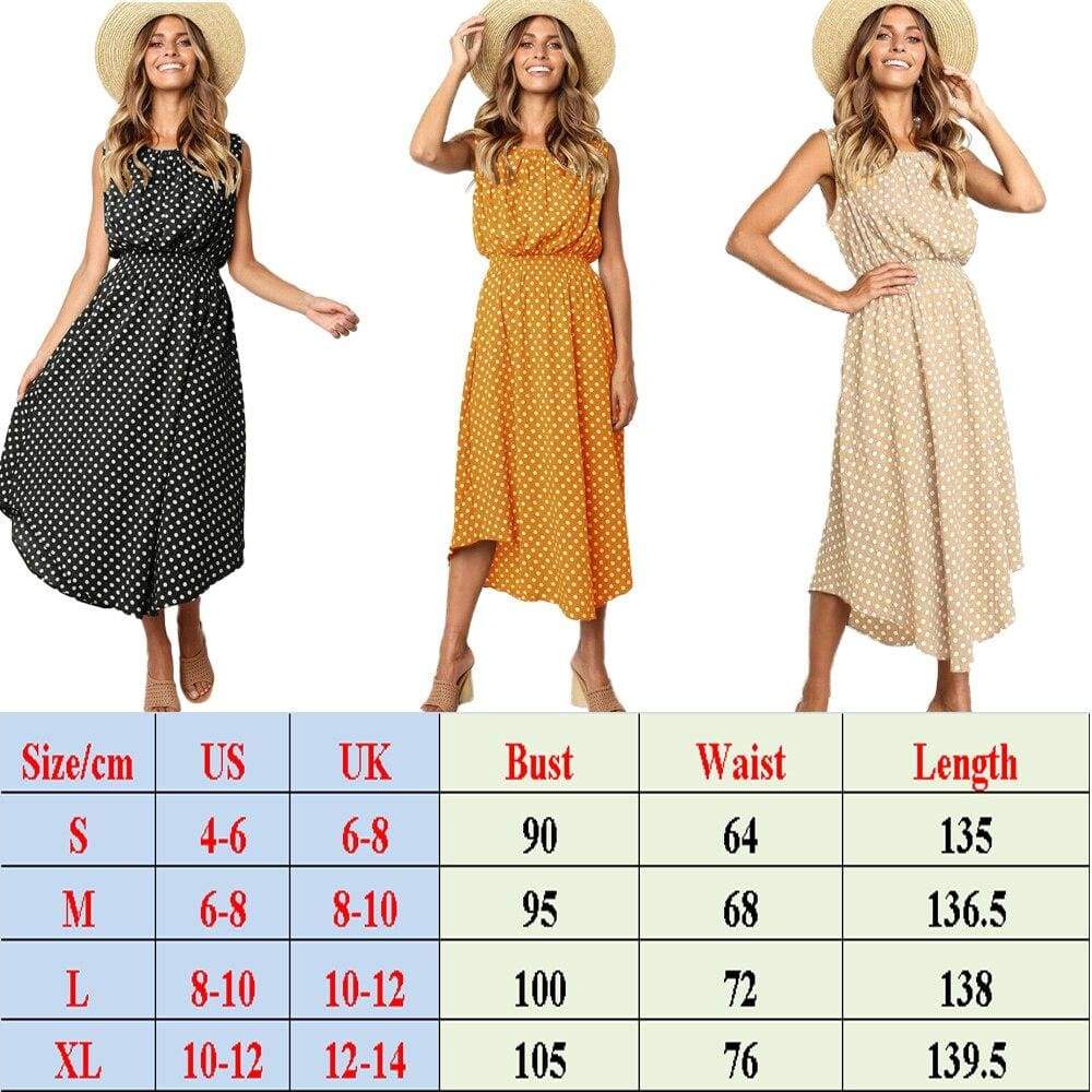 Boho Sleeveless Midi Dress Polka Dot Fashion Summer Party High Waist O-Neck Holiday Beach Dress Sundress